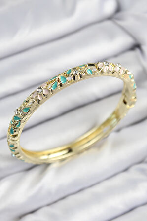 Mineli Pirinç Zirkon Taşlı Turkuaz Çiçek Motifli Gold Kadın Kelepçe