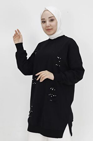 Puane İki İplik Kumaş Taşlı Sweatshirt