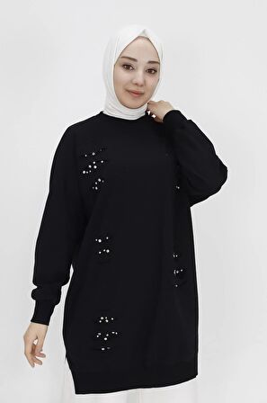 Puane İki İplik Kumaş Taşlı Sweatshirt