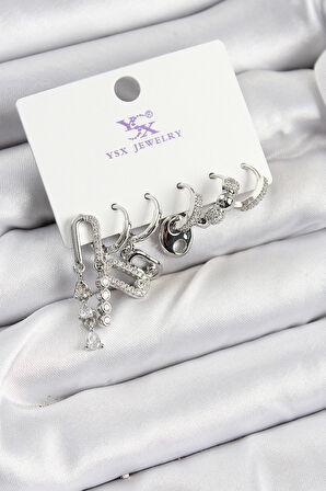 Pirinç Zİrkon Taşlı Dikdörtgen Model Gümüş Renk 3'lü Çift Kadın Küpe