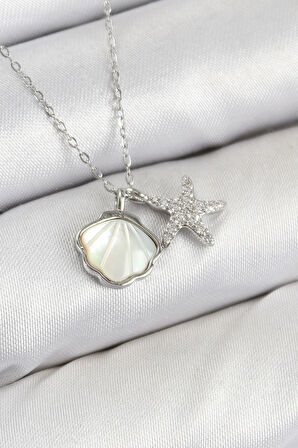 Pirinç Zirkon Taşlı İstiridye Ve Deniz Yıldızı Model Gümüş Renk Kadın Kolye