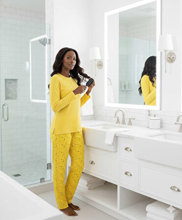 Kadın Sarı Çiçek Desen Mevsimlik Pamuklu Penye Uzun Kol Cepli Pijama Takımı-Slim Fit Dar Kalıp