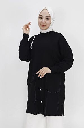 Puane Fermuar ve Cep Detaylı İki İplik Sweatshirt