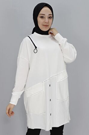 Puane Fermuar ve Cep Detaylı İki İplik Sweatshirt