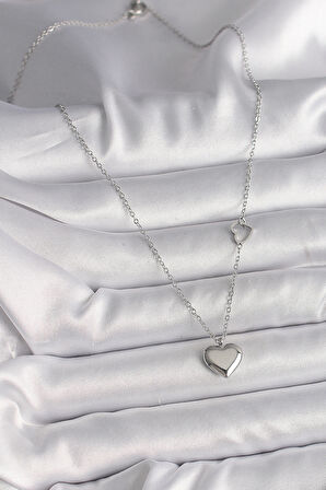 316L Çelik Gümüş Renk Zincir Kalp Detay Kalp Figür Kadın Kolye