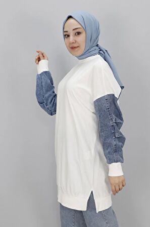 Puane Kolları Kot Detaylı İki İplik Sweatshirt