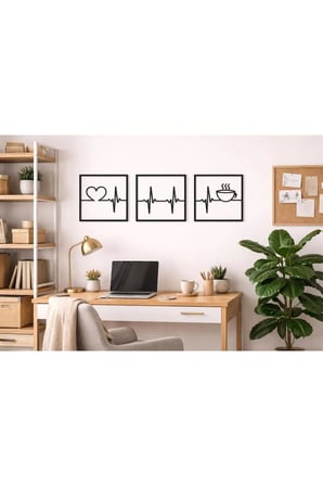 Ahşap 3 lü Kare Şeklinde Kahve ve Nabız Figürü / Siyah 3 mm MDF