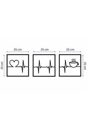 Ahşap 3 lü Kare Şeklinde Kahve ve Nabız Figürü / Siyah 3 mm MDF