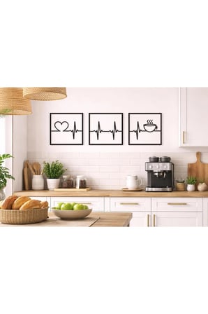 Ahşap 3 lü Kare Şeklinde Kahve ve Nabız Figürü / Siyah 3 mm MDF