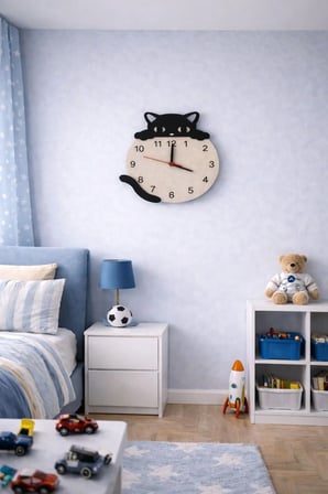 Kedi Figürlü Ahşap Dekor Hediyelik Duvar Saati / 6 mm MDF