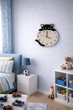 Kedi Figürlü Ahşap Dekor Hediyelik Duvar Saati / 6 mm MDF