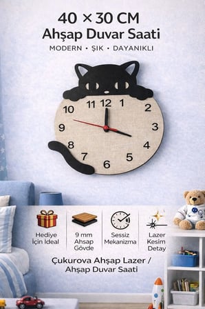 Kedi Figürlü Ahşap Dekor Hediyelik Duvar Saati / 6 mm MDF