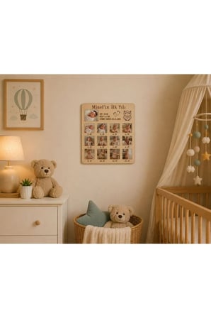 Kişiye Özel İlk Yılım Ahşap Fotoğraf Çerçevesi - 12 Aylık Bebek Anı Panosu 3 MM MDF