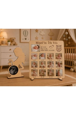 Kişiye Özel İlk Yılım Ahşap Fotoğraf Çerçevesi - 12 Aylık Bebek Anı Panosu 3 MM MDF