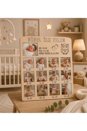Kişiye Özel İlk Yılım Ahşap Fotoğraf Çerçevesi - 12 Aylık Bebek Anı Panosu 3 MM MDF