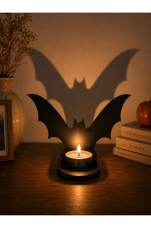 Halloween Ahşap Mumluk Seti / Hayalet, Balkabağı ve Yarasa Dekoratif tealight Mumluk 13x 15 CM 3 MM Siyah MDF