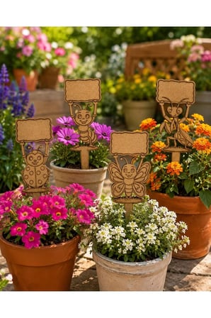 Kendin Boya Ahşap Bitki Etiketi 4’lü – 10x30 cm Eğlenceli Böcek Figürlü Bahçe ve Saksı Süsü, Ham MDF