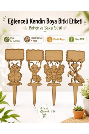 Kendin Boya Ahşap Bitki Etiketi 4’lü – 10x30 cm Eğlenceli Böcek Figürlü Bahçe ve Saksı Süsü, Ham MDF