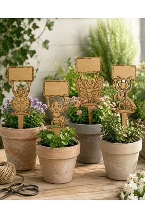 Kendin Boya Ahşap Bitki Etiketi 4’lü – 10x30 cm Eğlenceli Böcek Figürlü Bahçe ve Saksı Süsü, Ham MDF