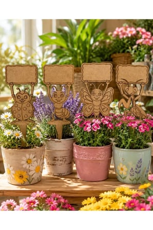 Kendin Boya Ahşap Bitki Etiketi 4’lü – 10x30 cm Eğlenceli Böcek Figürlü Bahçe ve Saksı Süsü, Ham MDF