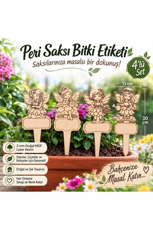 4’lü Peri Figürlü Ahşap Saksı Bitki Etiketi 13x30 cm – 3 mm MDF Bahçe ve Çiçek Süsü