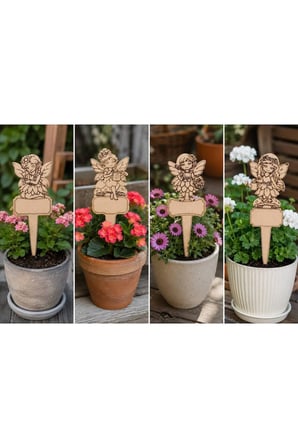 4’lü Peri Figürlü Ahşap Saksı Bitki Etiketi 13x30 cm – 3 mm MDF Bahçe ve Çiçek Süsü