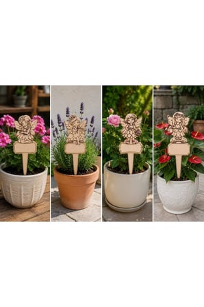 4’lü Peri Figürlü Ahşap Saksı Bitki Etiketi 13x30 cm – 3 mm MDF Bahçe ve Çiçek Süsü