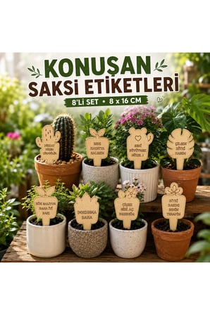 Konuşan Saksı Etiketi 8'li MDF Ahşap Bitki Etiketi Dekoratif Saksı Süsü 8x16 cm