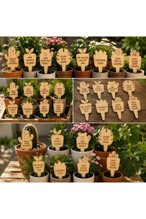 Konuşan Saksı Etiketi 8'li MDF Ahşap Bitki Etiketi Dekoratif Saksı Süsü 8x16 cm