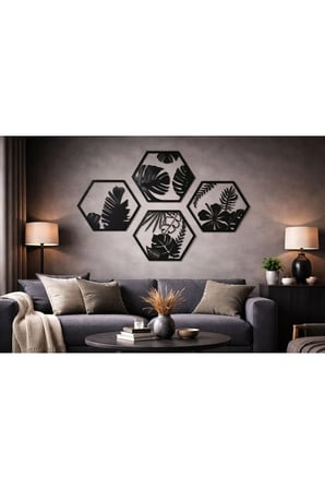 4 Parçalı Petek Şeklinde Modern Çiçek Bahçesi Ahşap Tablo Seti / Duvar Dekoru / Siyah 3 mm MDF