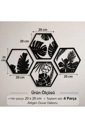 4 Parçalı Petek Şeklinde Modern Çiçek Bahçesi Ahşap Tablo Seti / Duvar Dekoru / Siyah 3 mm MDF