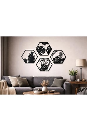 4 Parçalı Petek Şeklinde Modern Çiçek Bahçesi Ahşap Tablo Seti / Duvar Dekoru / Siyah 3 mm MDF