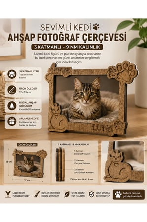 Kişiye Özel Kedi Fotoğraf Çerçevesi – Ahşap Patili Çerçeve