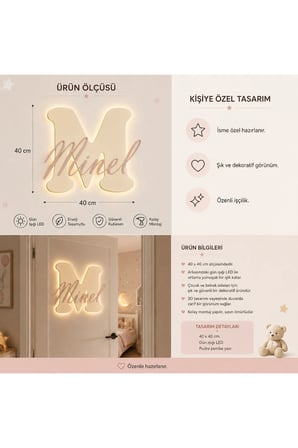 Kişiye Özel LED Işıklı Harf ve İsimlik 40x40 cm – Bebek Çocuk Odası Duvar ve Kapı Dekoru