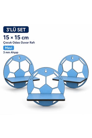3’lü Futbol Topu Figürlü Ahşap Duvar Süsü 15x15 cm Mavi Çocuk Odası Dekoru
