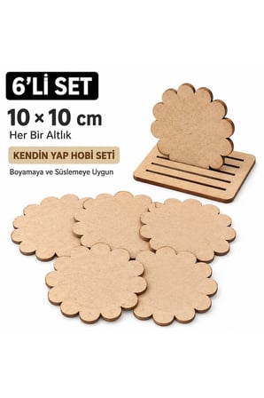 6’lı Papatya MDF Bardak Altlığı 10x10 cm Boyanabilir Kendin Yap Hobi Seti
