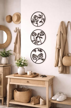 3 Parçalı Daire Şeklinde Modern Çiçek Bahçesi Ahşap Tablo Seti / Duvar Dekor / Siyah 3 mm MDF
