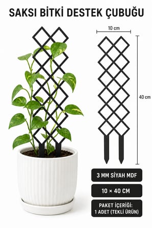 Kare Desenli Saksı Bitki Destek Çubuğu 10 × 40 cm Siyah MDF Sarmaşık Desteği Tekli