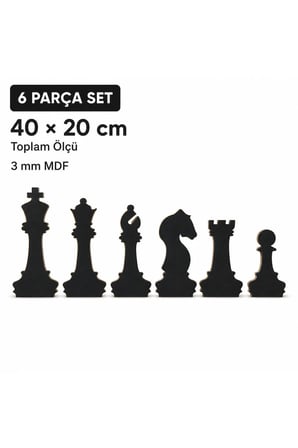 6 Parça Satranç Taşları Duvar Dekoru 40 × 20 cm Siyah MDF Şah Vezir Fil At Kale Piyon Seti