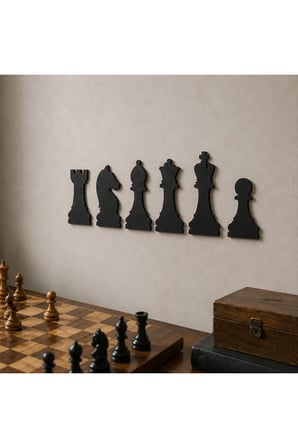 6 Parça Satranç Taşları Duvar Dekoru 40 × 20 cm Siyah MDF Şah Vezir Fil At Kale Piyon Seti