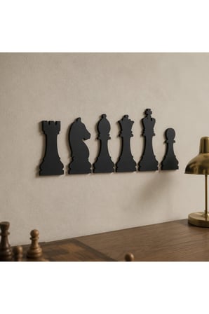 6 Parça Satranç Taşları Duvar Dekoru 40 × 20 cm Siyah MDF Şah Vezir Fil At Kale Piyon Seti