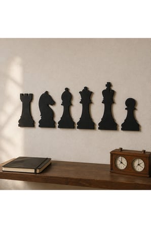 6 Parça Satranç Taşları Duvar Dekoru 40 × 20 cm Siyah MDF Şah Vezir Fil At Kale Piyon Seti