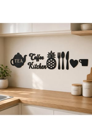 9 Parça Dekoratif Mutfak Duvar Süsü 60 × 30 cm Siyah MDF Coffee Kitchen Çaydanlık Çatal Kaşık Seti