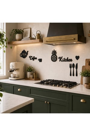 9 Parça Dekoratif Mutfak Duvar Süsü 60 × 30 cm Siyah MDF Coffee Kitchen Çaydanlık Çatal Kaşık Seti