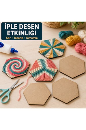 Çukurova Ahşap Lazer Kendin Yap 6’lı Altıgen Bardak Altlığı Seti Standlı 10x10 cm Ham MDF