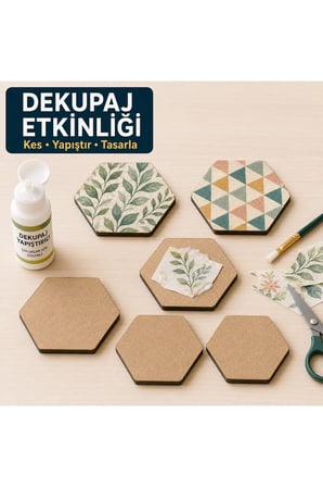 Çukurova Ahşap Lazer Kendin Yap 6’lı Altıgen Bardak Altlığı Seti Standlı 10x10 cm Ham MDF