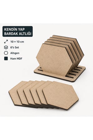 Çukurova Ahşap Lazer Kendin Yap 6’lı Altıgen Bardak Altlığı Seti Standlı 10x10 cm Ham MDF