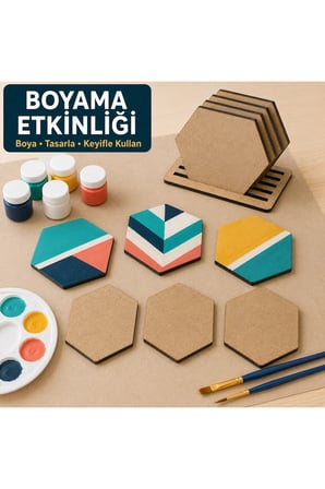 Çukurova Ahşap Lazer Kendin Yap 6’lı Altıgen Bardak Altlığı Seti Standlı 10x10 cm Ham MDF