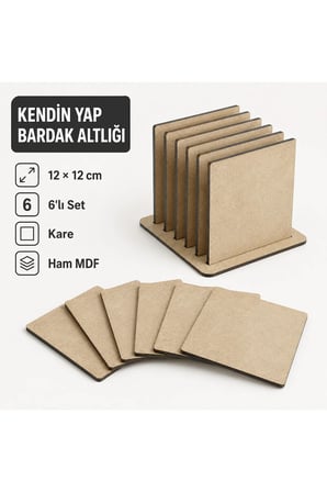 Çukurova Ahşap Lazer Kendin Yap 6’lı Kare Bardak Altlığı Seti Standlı 12x12 cm Ham MDF