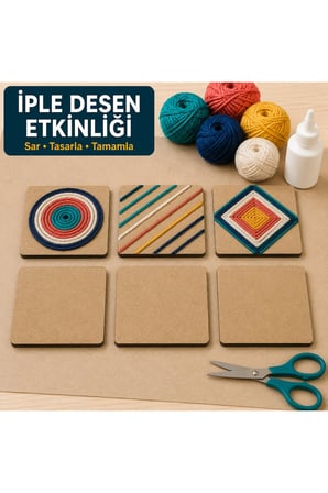 Çukurova Ahşap Lazer Kendin Yap 6’lı Kare Bardak Altlığı Seti Standlı 12x12 cm Ham MDF